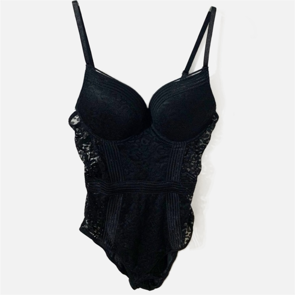 Unbranded Lacey Bodysuit Shape Wear Padded Bra Adjustable Straps Snaps Black ⬛️